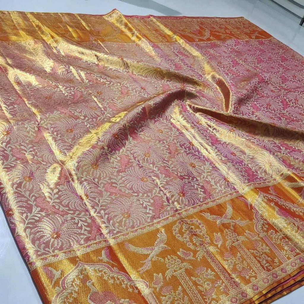 Coral Kanchipuram Handloom Tissue Meenakari Kalanjali Theega Silk Saree