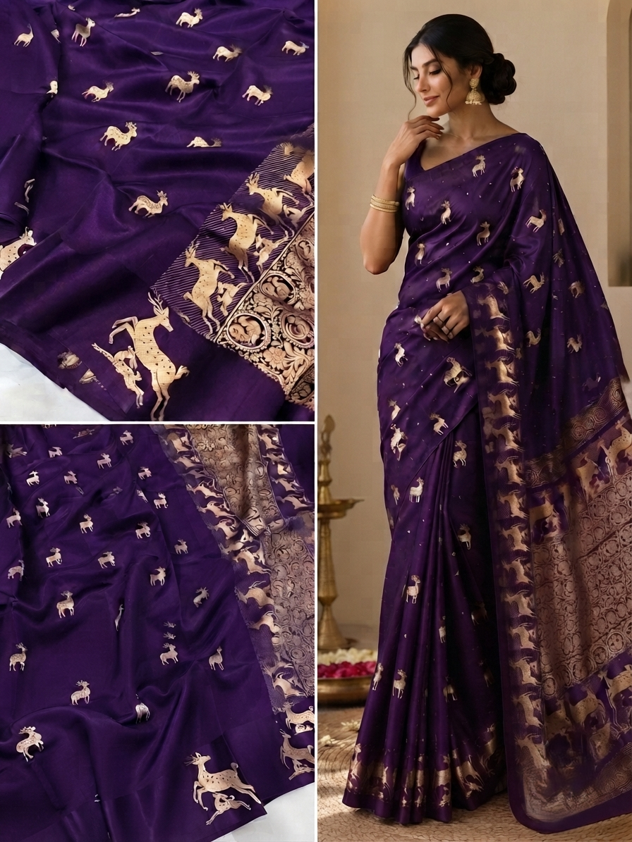 Luxurious purple Mashru silk fabric with detailed gold zari Kaduwa floral and animal motifs, highlighting the authentic handloom craftsmanship.