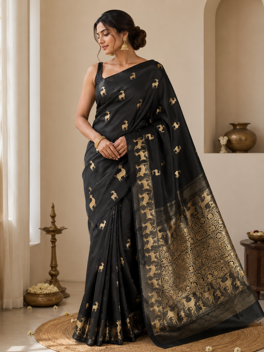 Black Banarasi Handloom Mashru Silk Saree featuring authentic Kaduwa weaving, intricate gold zari deer and animal motifs, a rich traditional Banarasi pallu, Silk Mark Certified pure silk, dyeable to your choice of colors, and includes a running blouse piece—perfect for weddings, festive occasions, and luxury ethnic wear.