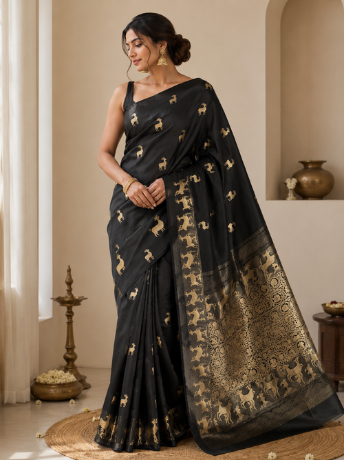 Black Banarasi Handloom Mashru Silk Saree featuring authentic Kaduwa weaving, intricate gold zari deer and animal motifs, a rich traditional Banarasi pallu, Silk Mark Certified pure silk, dyeable to your choice of colors, and includes a running blouse piece—perfect for weddings, festive occasions, and luxury ethnic wear.