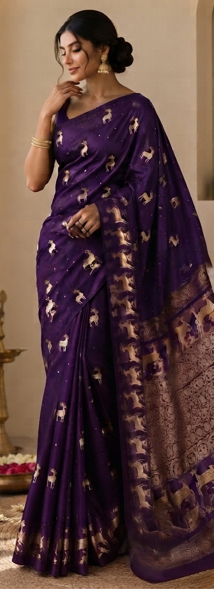 Luxurious purple Mashru silk fabric with detailed gold zari Kaduwa floral and animal motifs, highlighting the authentic handloom craftsmanship.