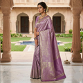 Lavender Kanchipuram Handloom Tissue Silk Saree with all-over silver brocade and vibrant Meenakari floral design.