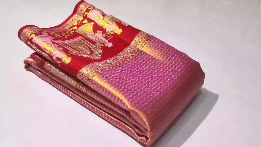 Rani Pink Kanchipuram handloom double warp tissue brocade silk saree with intricate Kalyana Pallakku motifs and a grand rich border.