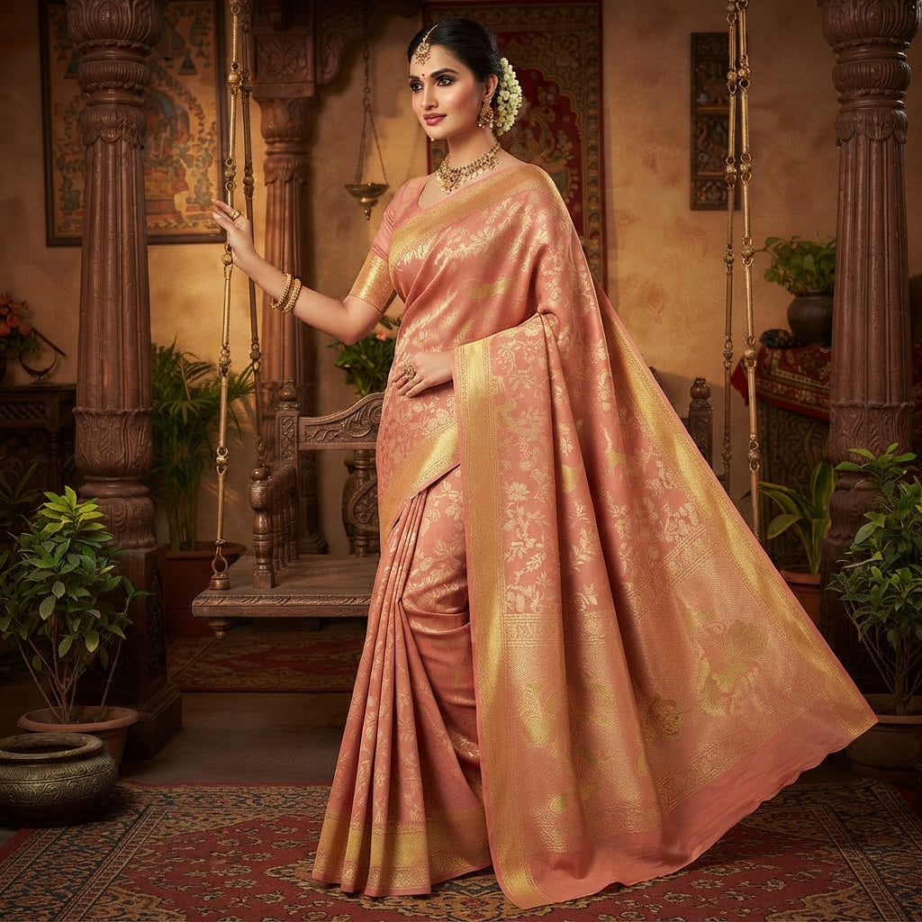Elegant model wearing a peach Kanchipuram handloom tissue brocade silk bridal saree featuring an intricate all-over gold woven floral design and traditional zari borders.