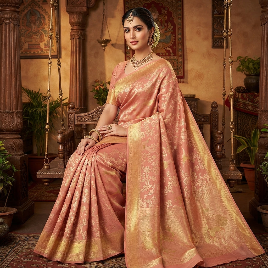 Elegant model wearing a peach Kanchipuram handloom tissue brocade silk bridal saree featuring an intricate all-over gold woven floral design and traditional zari borders.