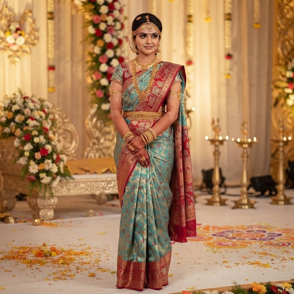South Indian bride in a decorated wedding hall wearing a Turquoise Kanchipuram Handloom 1G Tissue Brocade Meenakari Silk Saree.