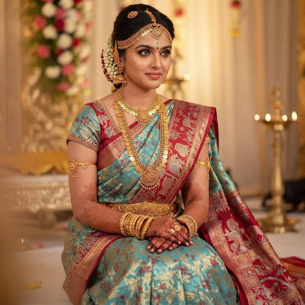 South Indian bride in a decorated wedding hall wearing a Turquoise Kanchipuram Handloom 1G Tissue Brocade Meenakari Silk Saree.