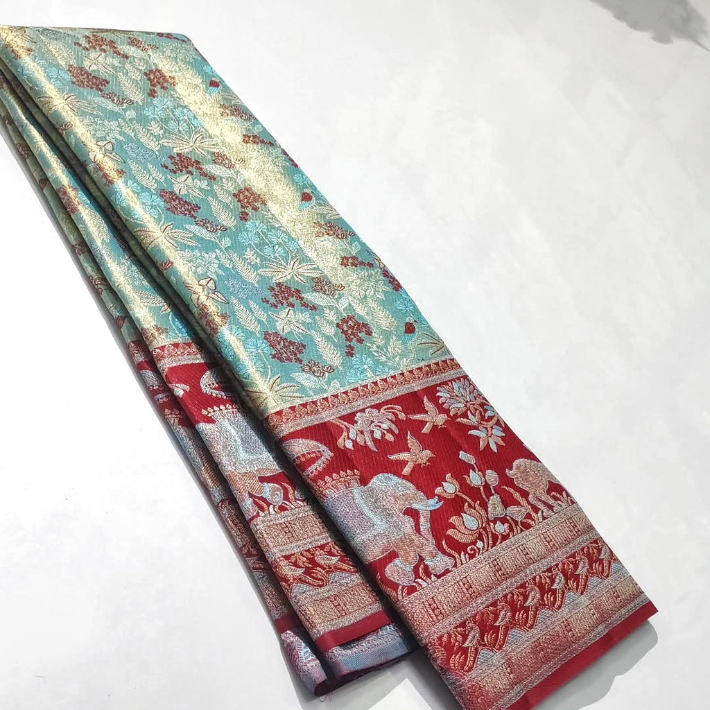 Full view of Turquoise and Gold Meenakari Kanchipuram Handloom Saree.