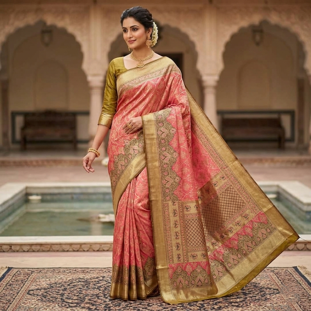 A luxurious Peach Pink Kanchipuram Handloom Tissue Silk Saree with all-over gold floral brocade and intricate colorful Meenakari detailing on the body and pallu.