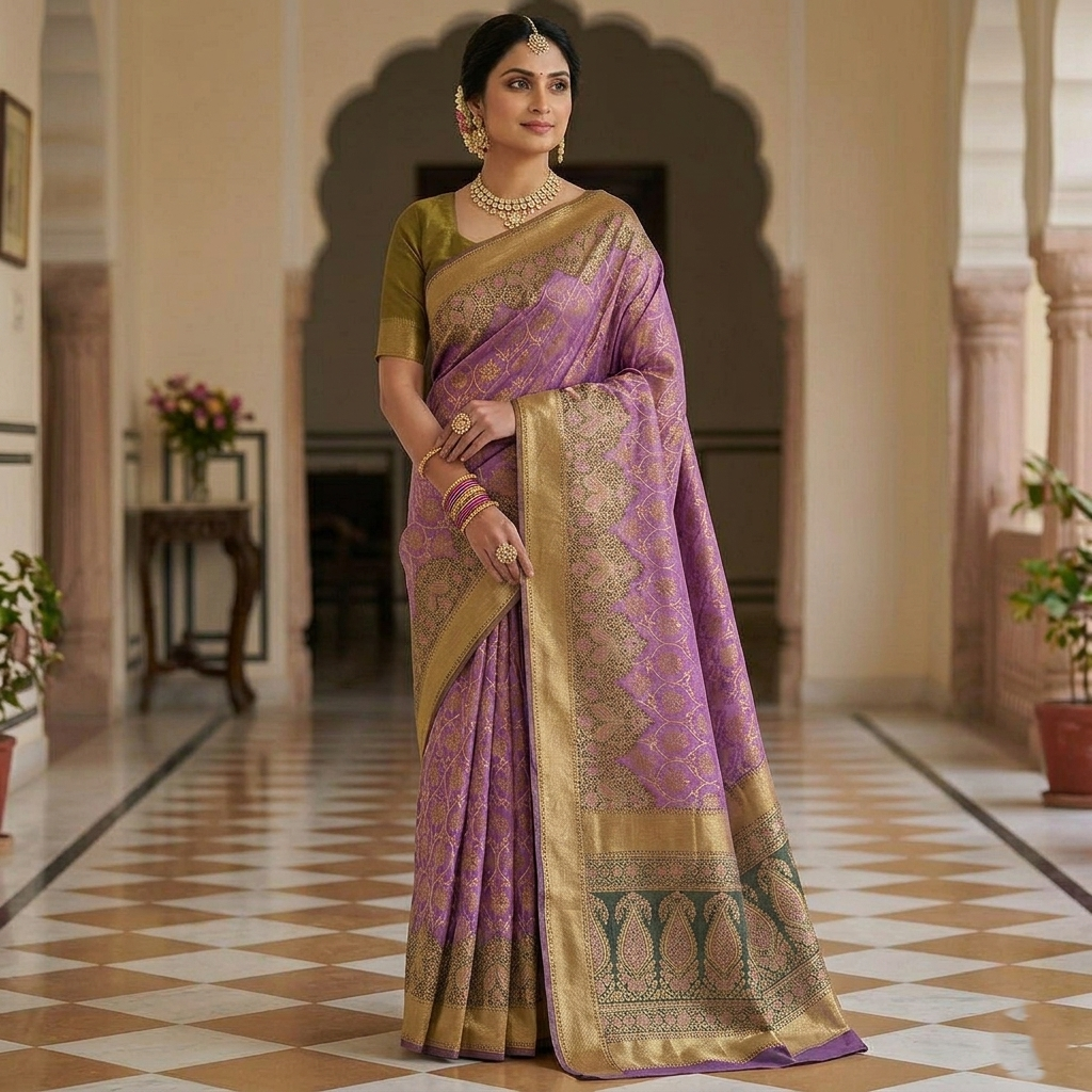 A luxurious Lavender Kanchipuram Handloom Tissue Brocade Silk saree with intricate gold floral patterns and colorful Meenakari detailing throughout the body and pallu.