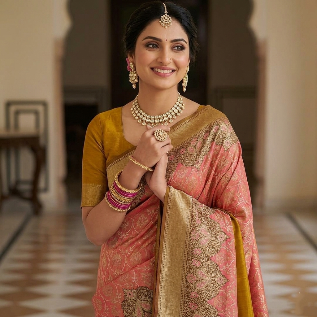 A luxurious Peach Pink Kanchipuram Handloom Tissue Silk Saree with all-over gold floral brocade and intricate colorful Meenakari detailing on the body and pallu.