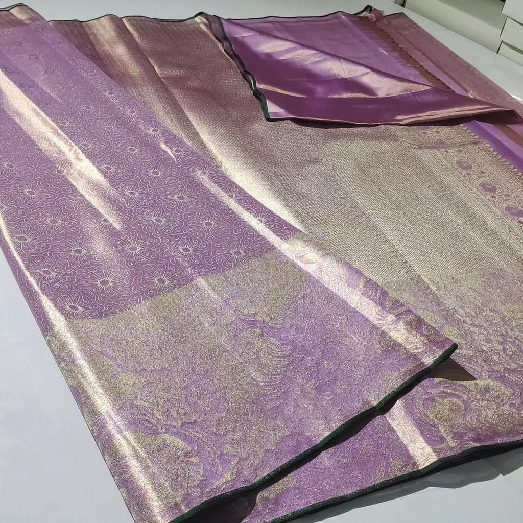 Lavender Kanchipuram Handloom Tissue Silk Saree with all-over silver brocade and vibrant Meenakari floral design.