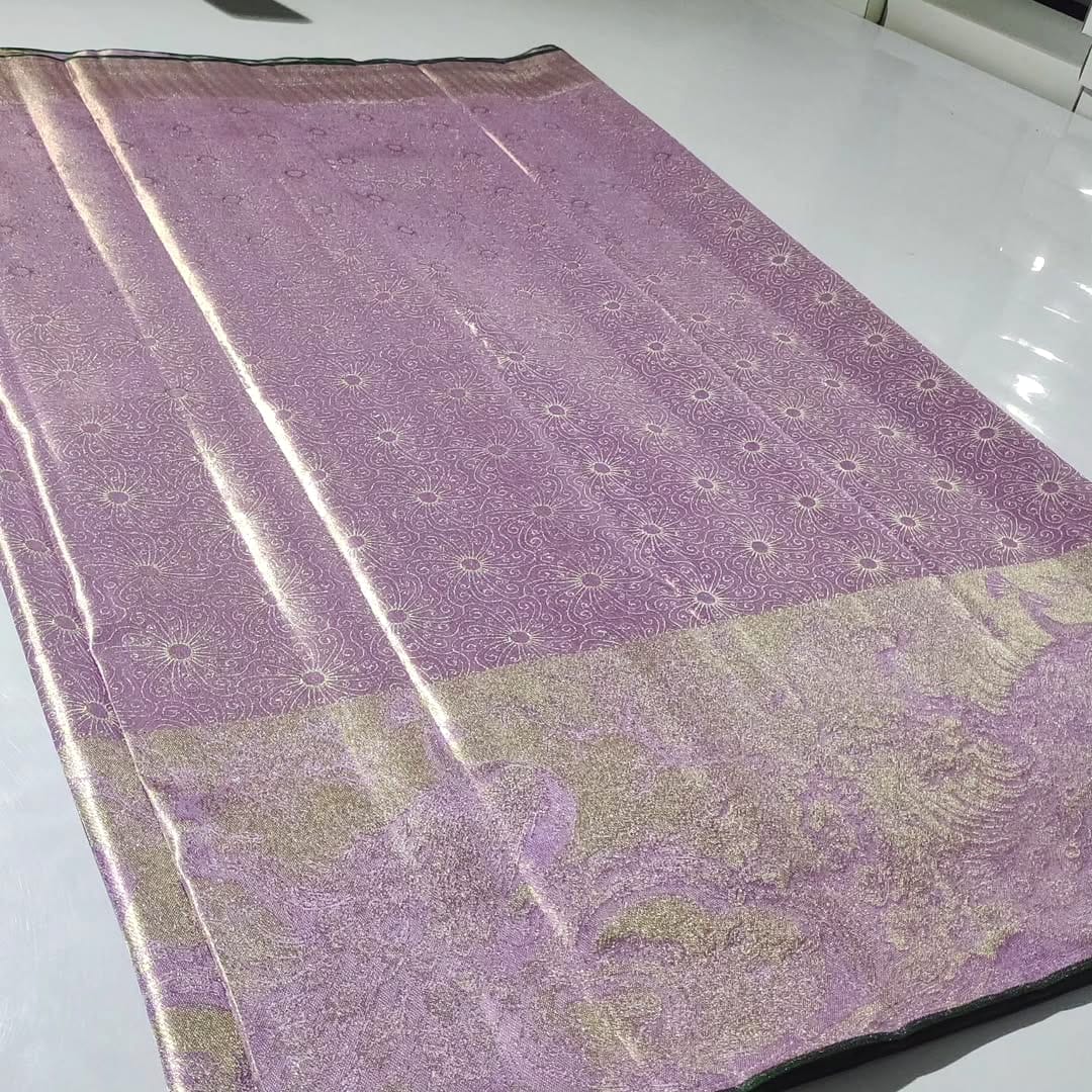 Lavender Kanchipuram Handloom Tissue Silk Saree with all-over silver brocade and vibrant Meenakari floral design.