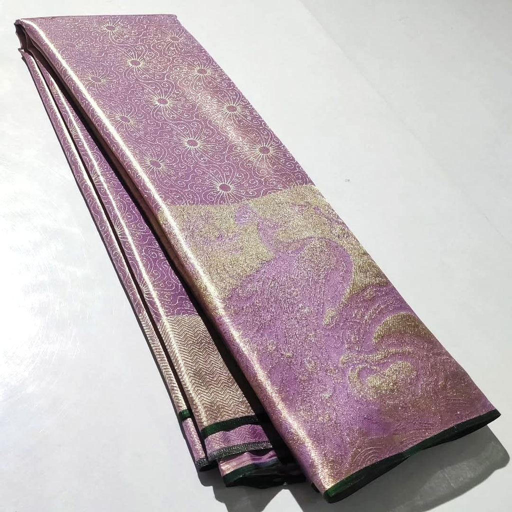 Lavender Kanchipuram Handloom Tissue Silk Saree with all-over silver brocade and vibrant Meenakari floral design.