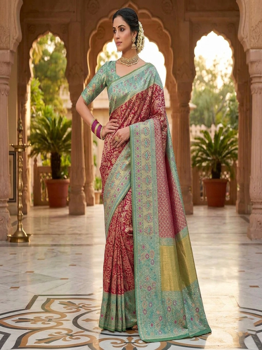 A vibrant Rani Pink Kanchipuram Handloom Tissue Silk Saree featuring a heavy gold tissue finish, all-over floral brocade, and colorful Meenakari accents.