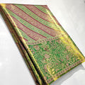 Green Kanchipuram handloom tissue brocade meenakari silk saree featuring diagonal floral stripes and traditional bird borders