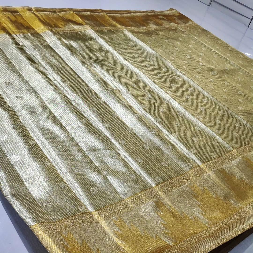 Ivory & Gold Kanchipuram Handloom Tissue Brocade Bridal Silk Saree