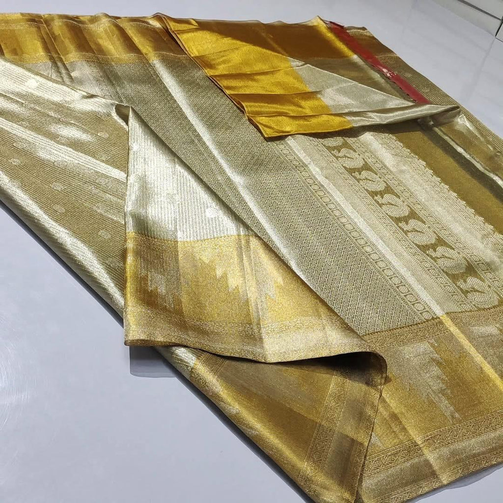 Ivory & Gold Kanchipuram Handloom Tissue Brocade Bridal Silk Saree
