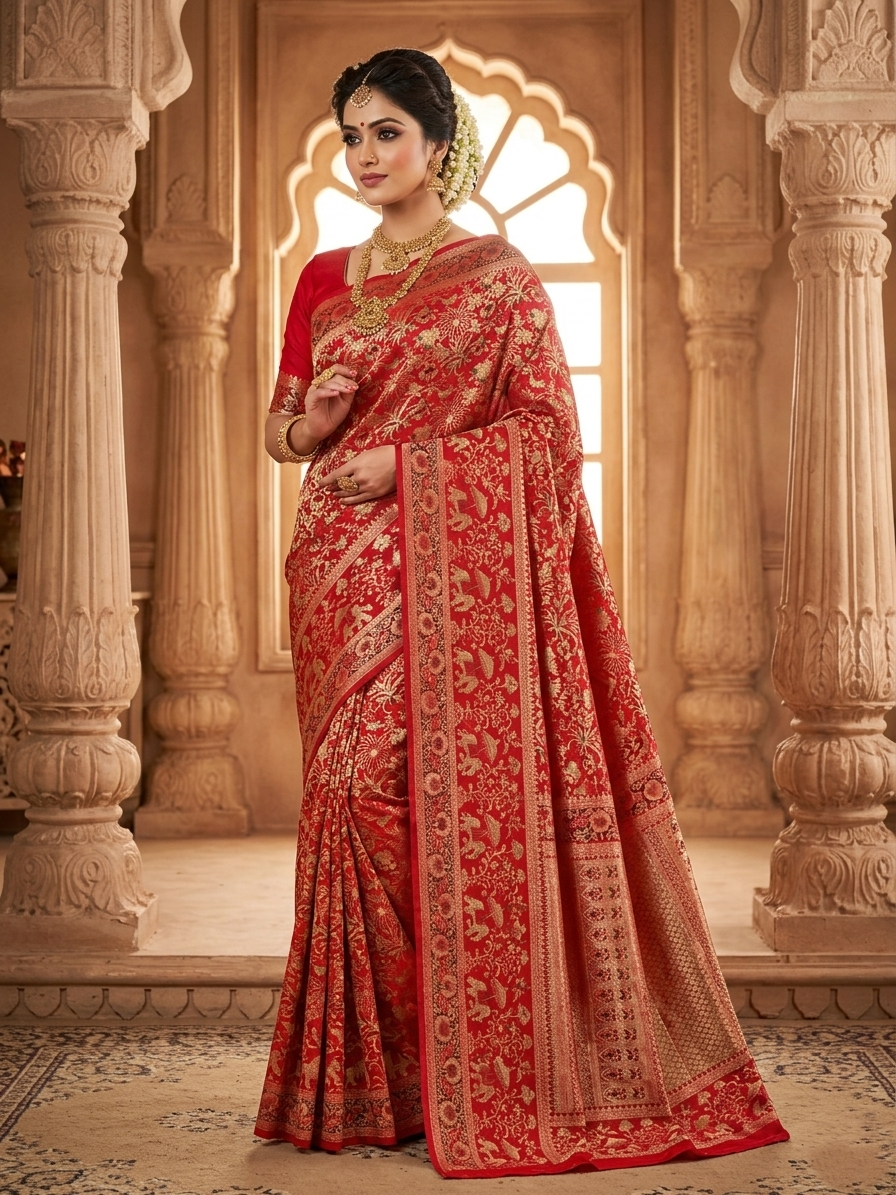 Vibrant red Kanchipuram handloom silk saree featuring detailed 1G gold brocade and multicolored Resham Meenakari work including elephant and floral vine patterns.