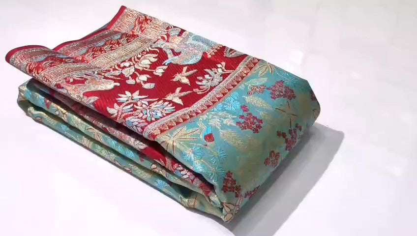 Full view of Turquoise and Gold Meenakari Kanchipuram Handloom Saree.