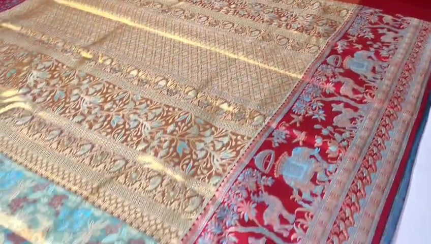 Full view of Turquoise and Gold Meenakari Kanchipuram Handloom Saree.