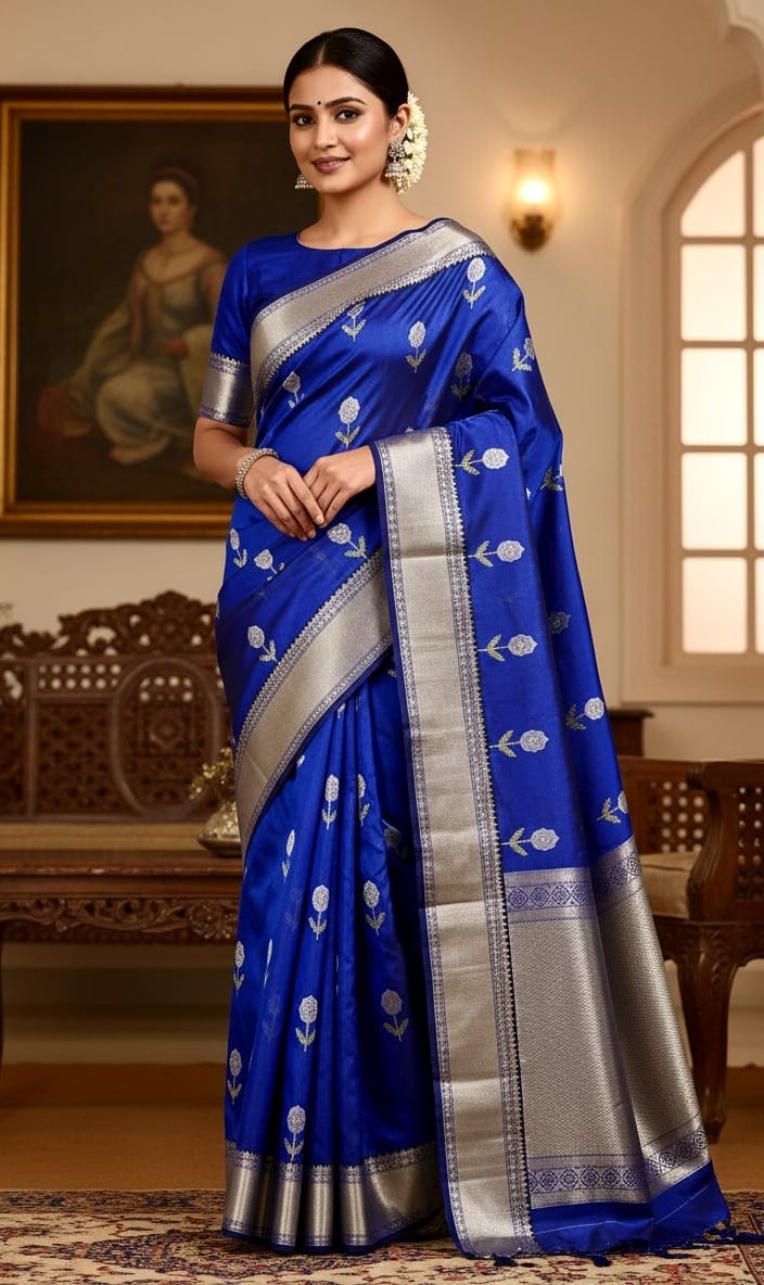 Azure Blue Chanderi Handloom Pattu Silk Meenakari Nakshi Saree