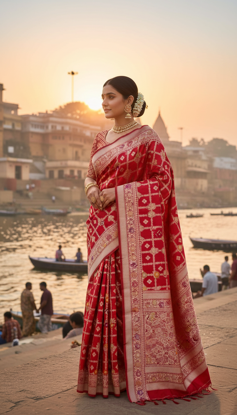 Rustic Red Banarasi Handloom Katan Silk Meenakari Saree