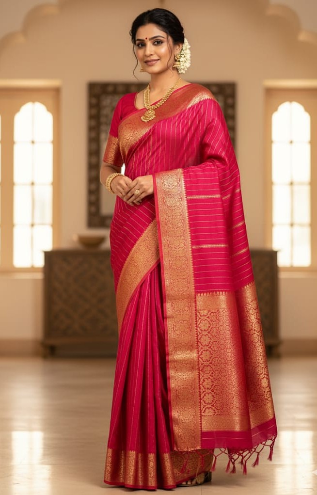 Dark Pink Chanderi Handloom Katan Silk Nakshi Saree