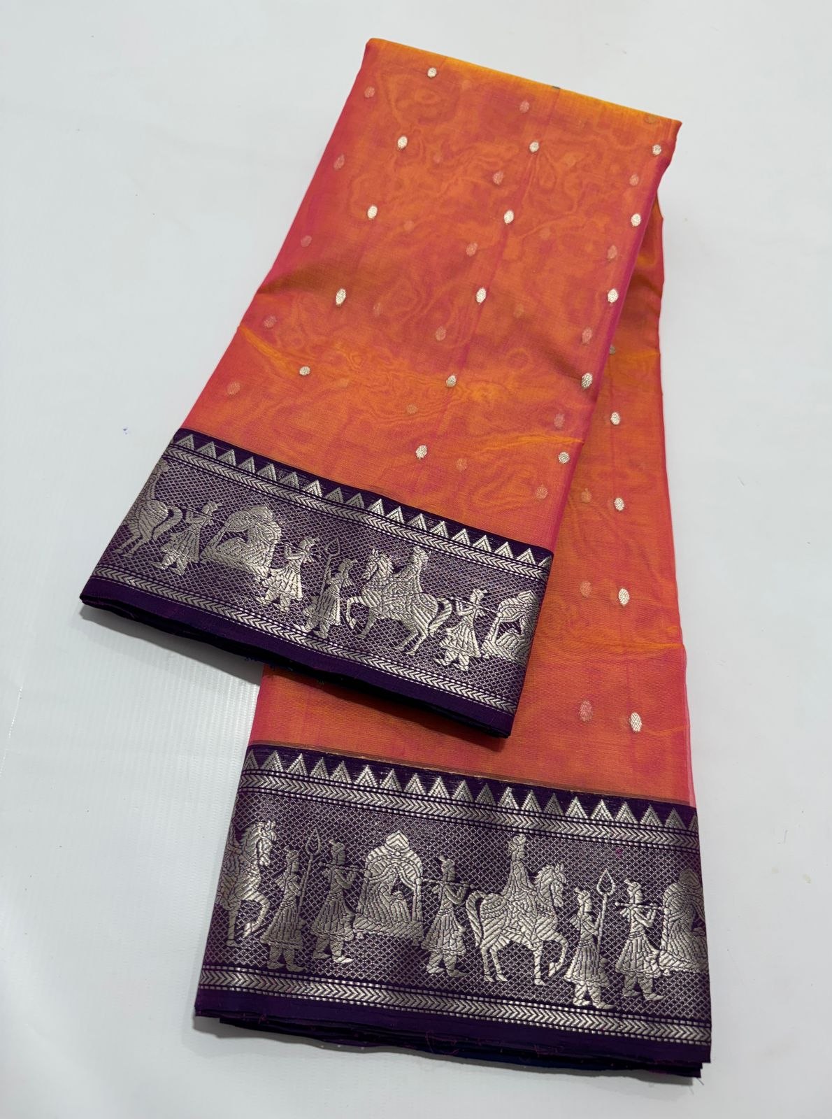 Dual Tone Orange Chanderi Handloom Katan Silk Nakshi Saree