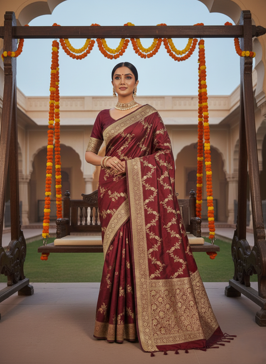 Maroon Banarasi Handloom Katan Silk Kaduwa Meenakari Saree