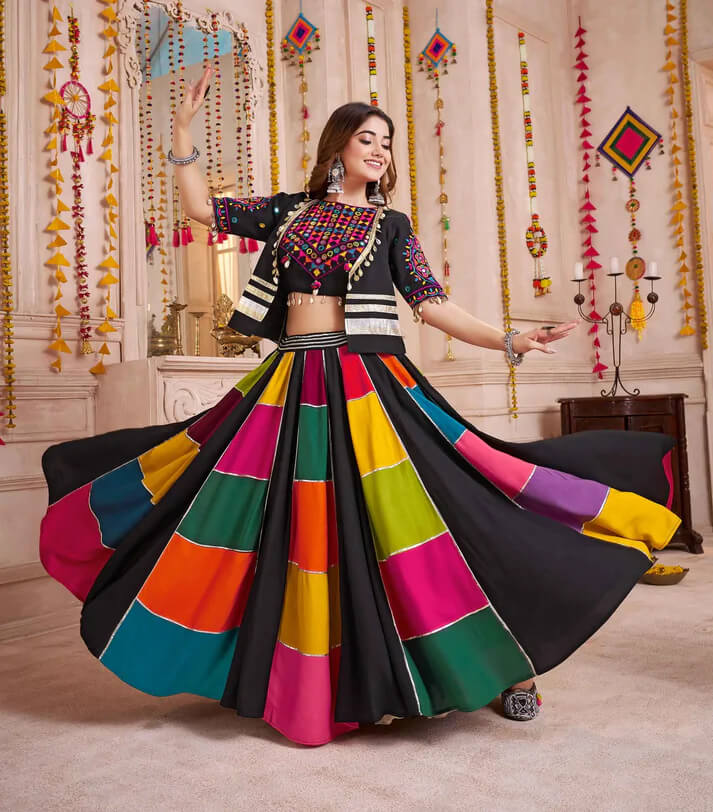 Black Multi Color Patch Work Lehenga with Mirror Jacket