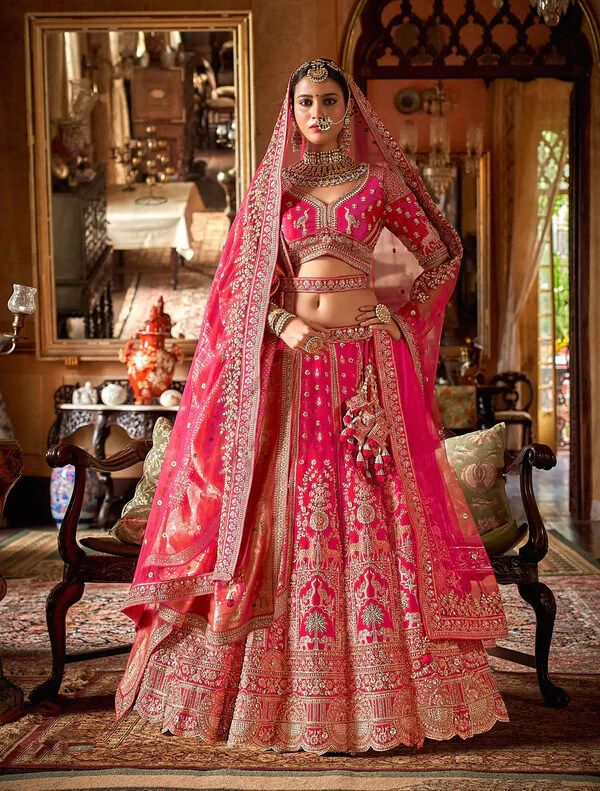 Designer Pink Lehenga Choli with Heavy Embroidery & Pearls