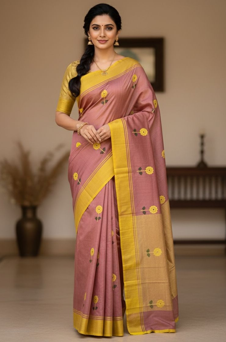 Rosy Brown Chanderi Handloom Pattu Silk Meenakari Saree