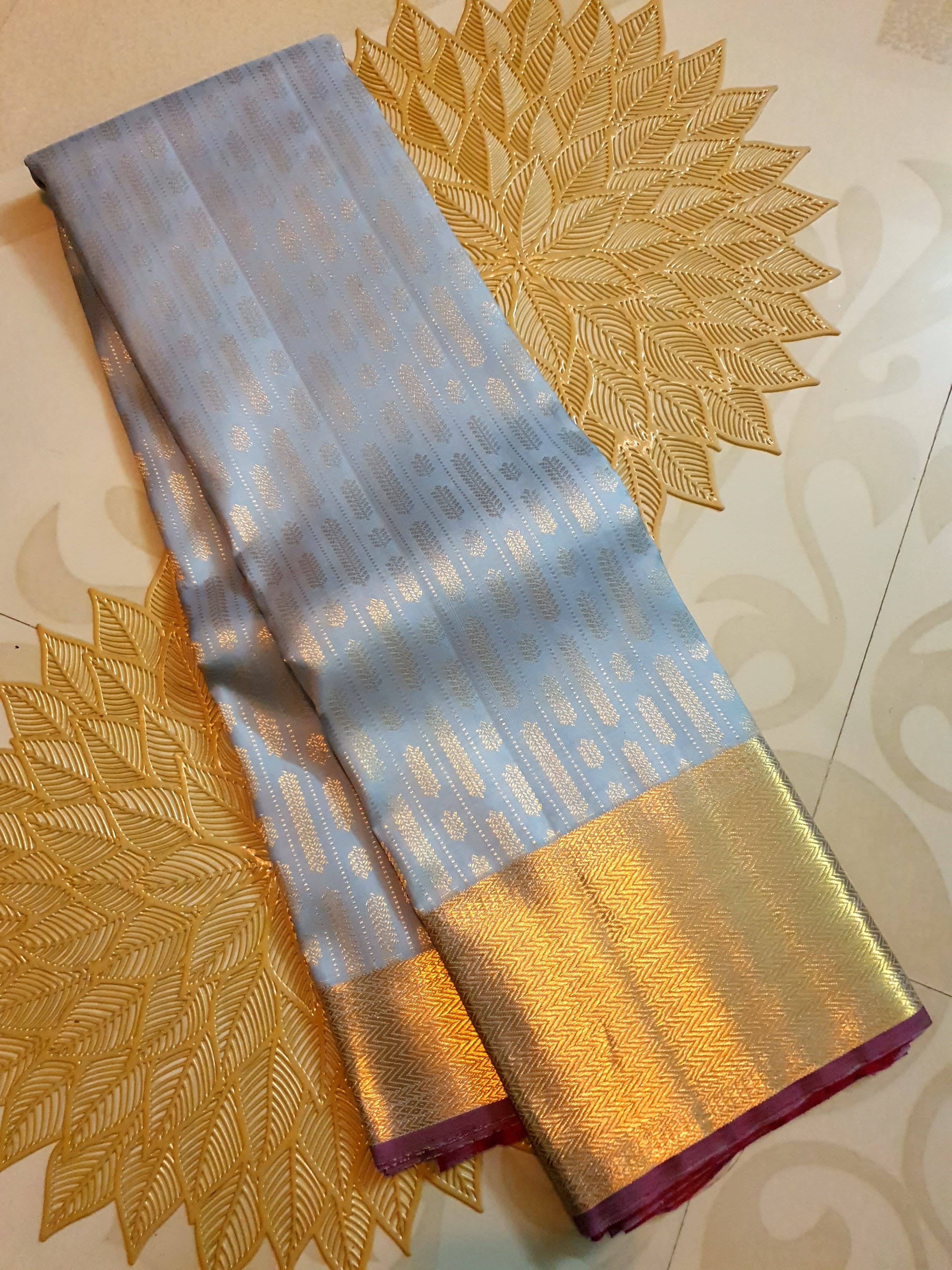 Powder Blue Kanchipuram Handloom 2G Gold Pattu Silk Saree