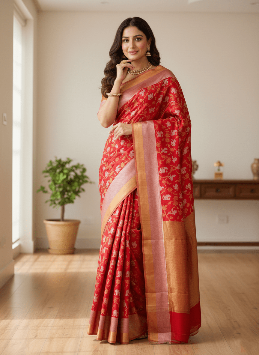 Chilly Red Chanderi Handloom Pattu Silk Shikargah Handwork Saree