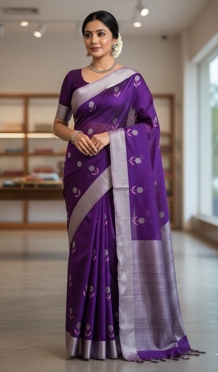 Purple Chanderi Handloom Pattu Silk Meenakari Saree