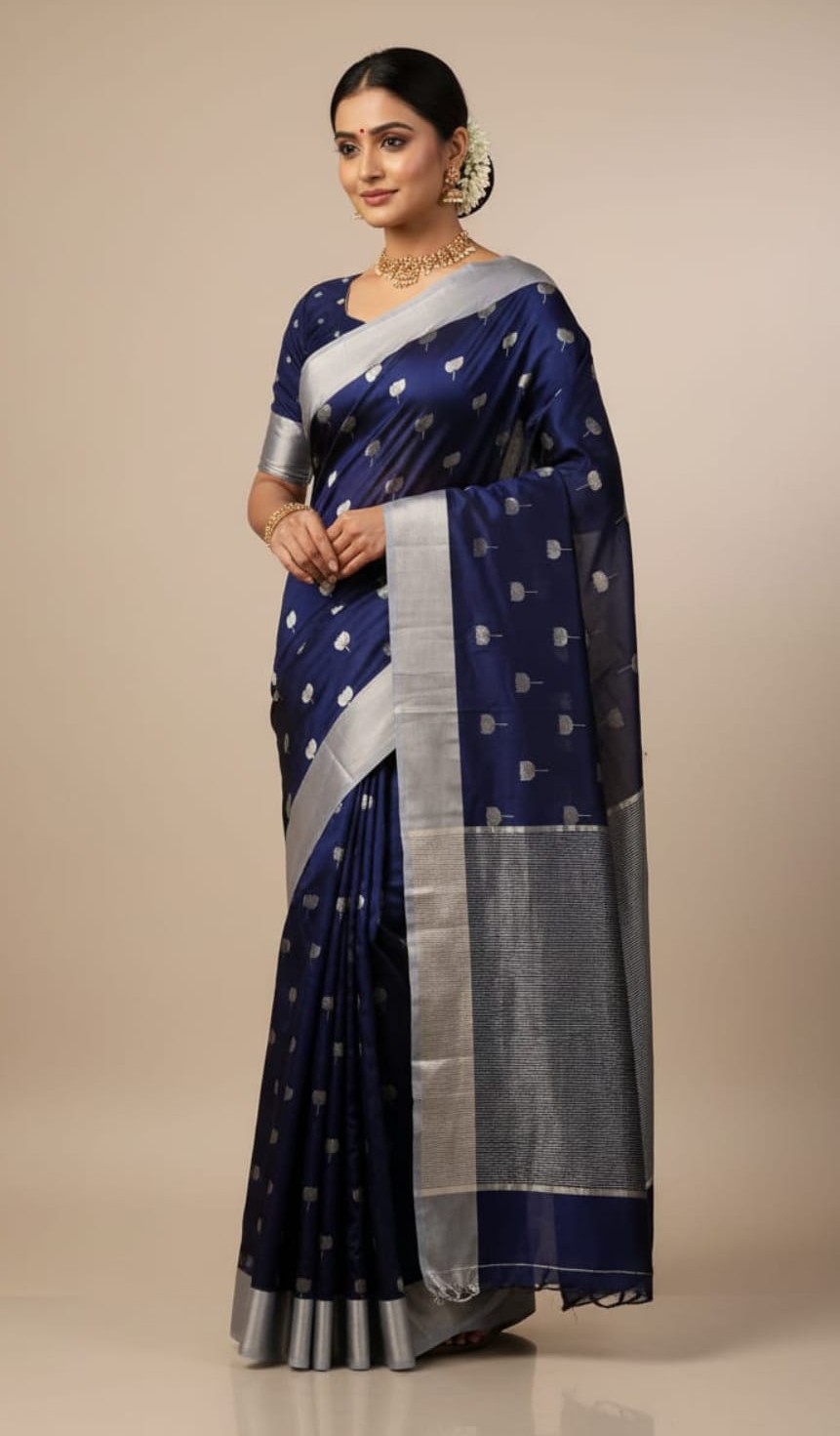 Midnight Blue Chanderi Handloom Pattu Silk Meenakari Saree