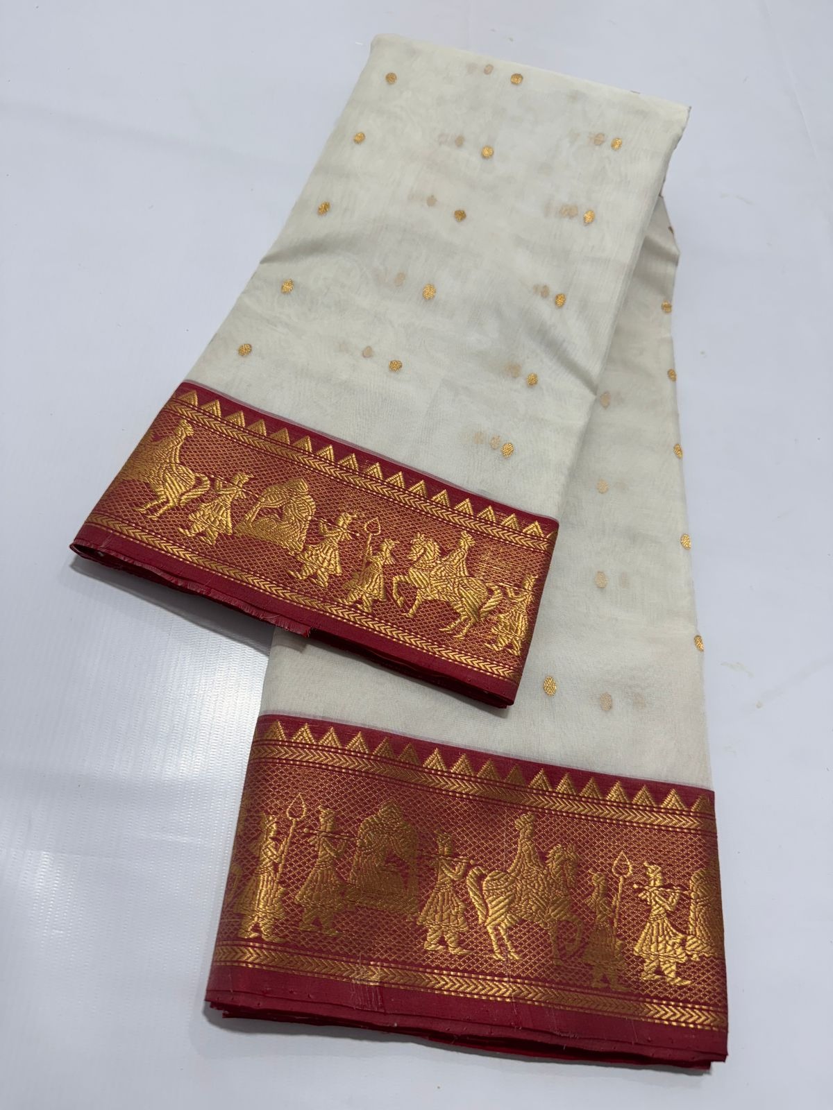 Pearl White Chanderi Handloom Katan Silk Nakshi Saree