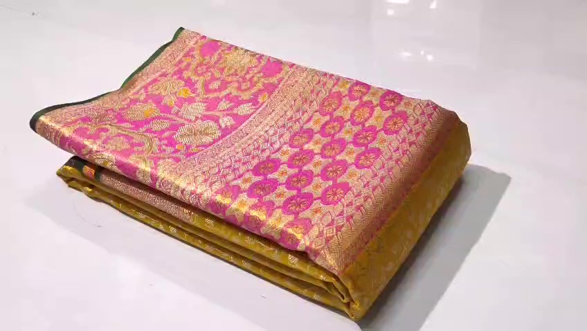 Golden Yellow Kanchipuram Handloom Tissue Brocade Meenakari Silk Saree
