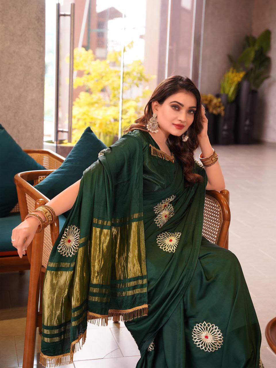 Bottle Green Hand Embroidered Jaipuri Gajji Silk Saree