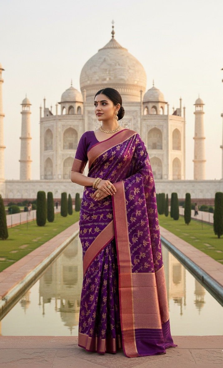 Purple Chanderi Handloom Pattu Silk Meenakari Handwork Saree