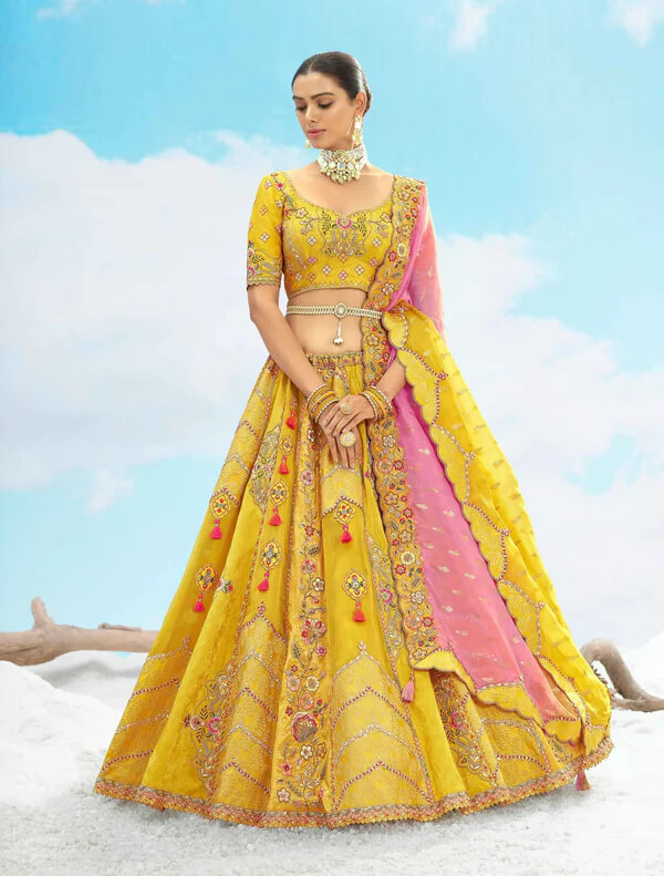 Mustard Yellow Silk Embroidery Work Bridal Ensemble
