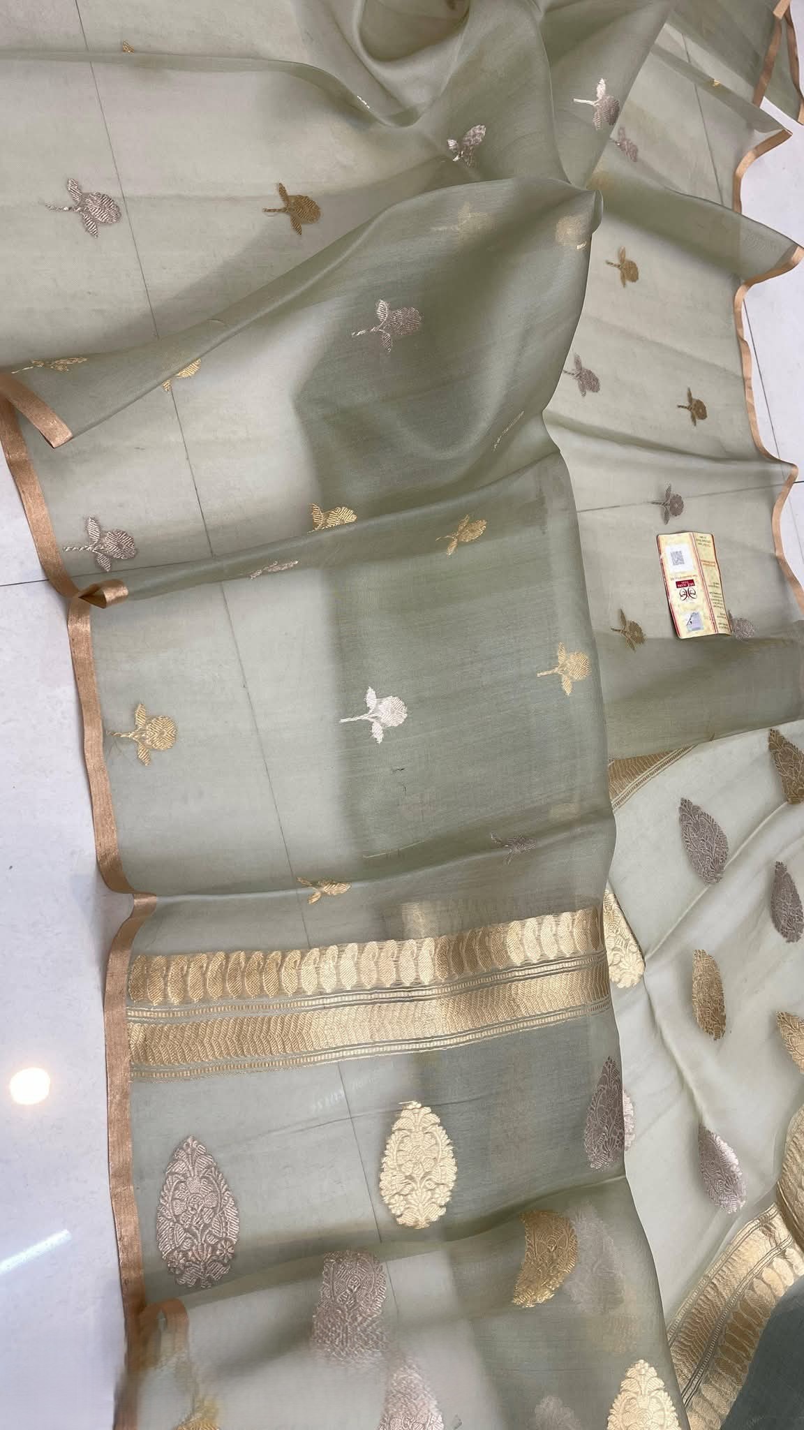 Sage Green Banarasi Handloom Kora Organza Silk Saree