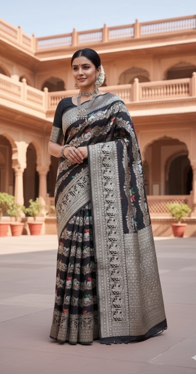 Black Banarasi Handloom Katan Silk Shikargah Meenakari Saree