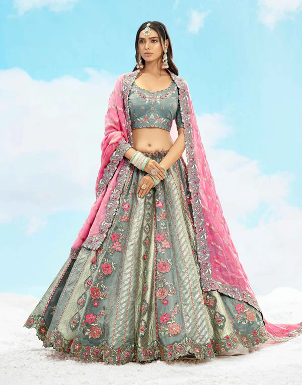 Bluish Grey Embroidered Lehenga for Modern Brides