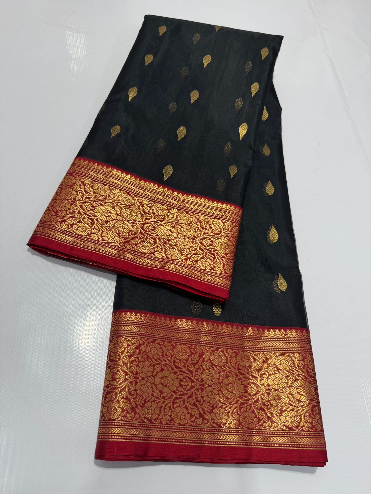 Black Chanderi Handloom Katan Silk Meenakari Saree