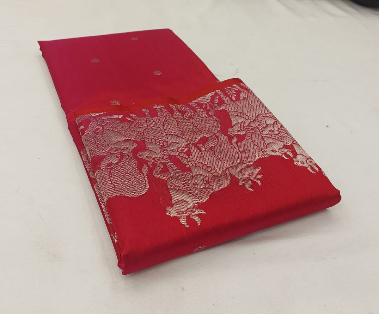 Red Chanderi Handloom Pattu Silk Handwork Saree