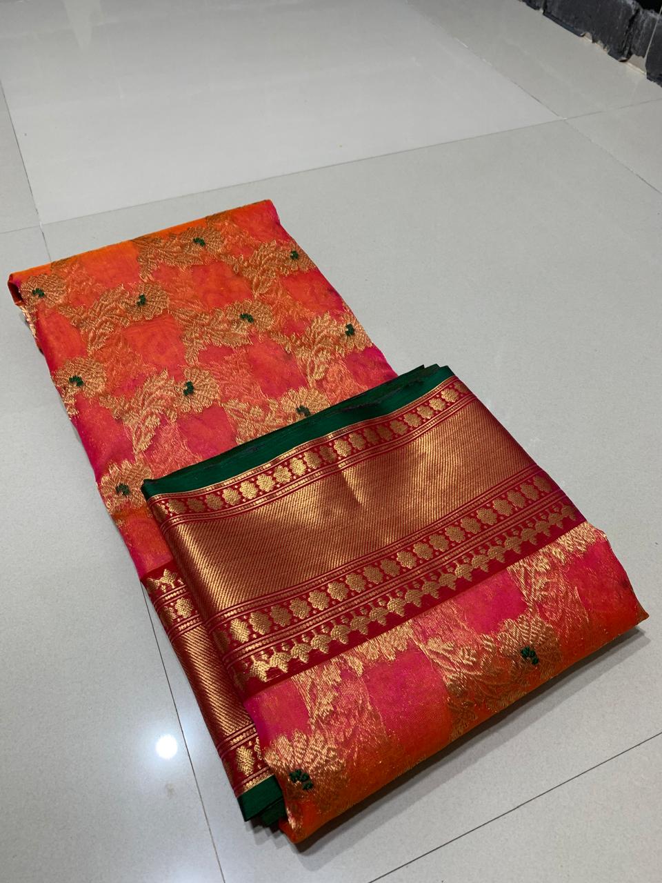 Chilly Red Chanderi Handloom Katan Silk Meenakari Nakshi Saree
