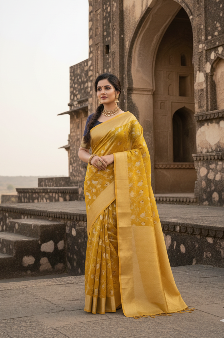 Mustard Yellow Chanderi Handloom Pattu Silk Meenakari Saree