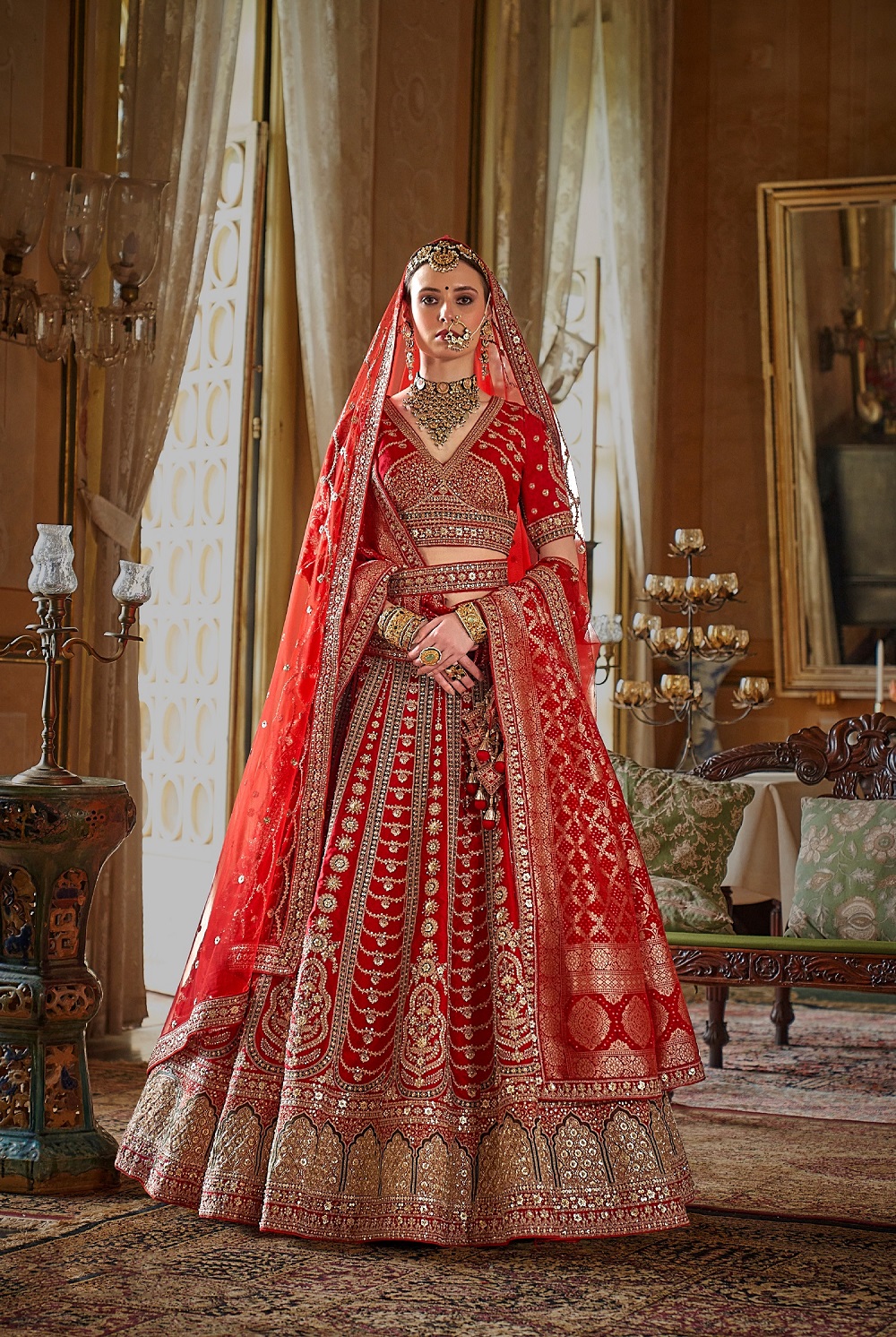 Festive Red Bridal Lehenga with Thread & Pearl Work